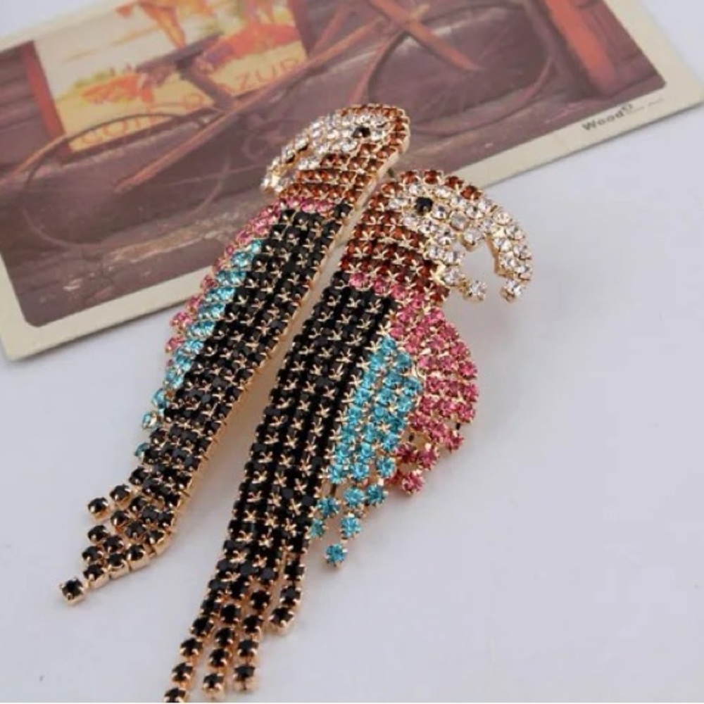 Rhinestone parrot earrings